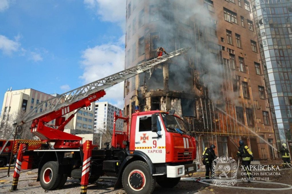 Residential building after a direct hit by a rocket-powered drone in the Kyivskyi district of Kharkiv. (Source: Kharkiv Regional Military Administration)