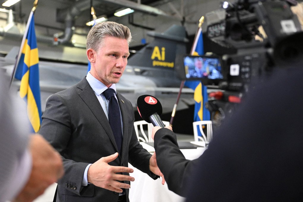 Sweden's Defense Minister Paal Jonson answers journalists after a joint press conference of the Swedish Prime Minister and the Ukrainian President in Linkoping, Sweden, on October 22, 2025. (Photo by Jonathan Nackstrand via Getty Images)