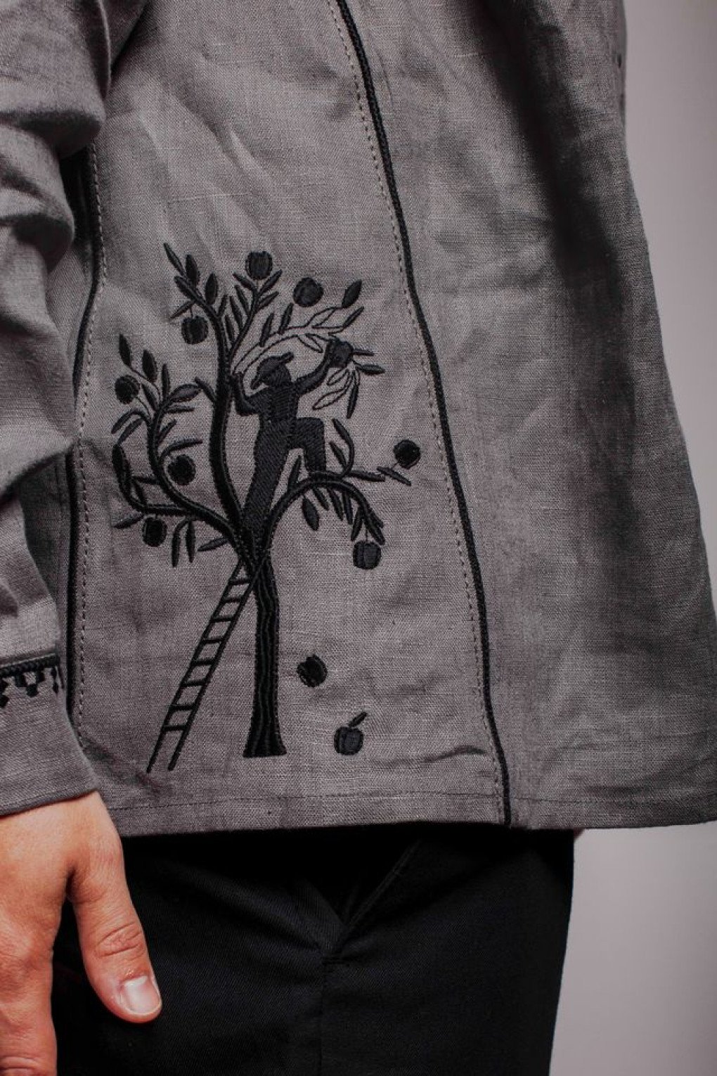 A close-up of the Career Ladder shirt, featuring embroidered motifs representing traditional Ukrainian occupations. (Source: Ian Treherne) A close-up of the Career Ladder shirt, featuring embroidered motifs representing traditional Ukrainian occupations. (Source: Ian Treherne)