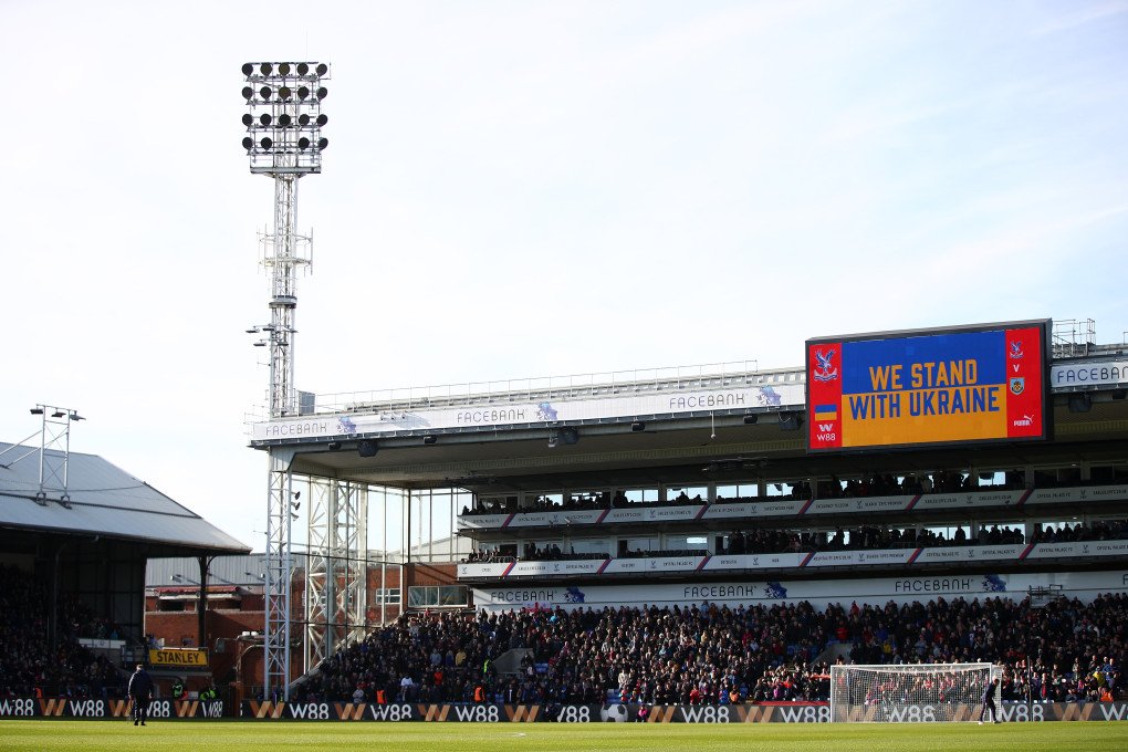 The LED screen inside the stadium displays a message of support to indicate peace and sympathy with Ukraine prior to the Premier League match between Crystal Palace and Burnley at Selhurst Park. (Photo by Christopher Lee via Getty Images)