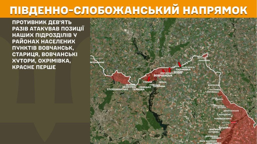 Mapa militar del norte de Kharkiv detallando nueve asaltos de infantería rusa repelidos en Vovchansk y localidades aledañas.