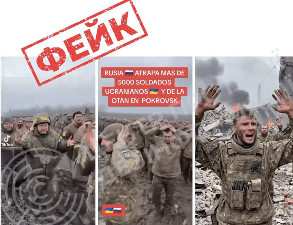 Vídeos falsos generados por IA que afirman falsamente la rendición masiva de soldados ucranianos cerca de Pokrovsk. (Fuente: Centro para la Lucha contra la Desinformación)