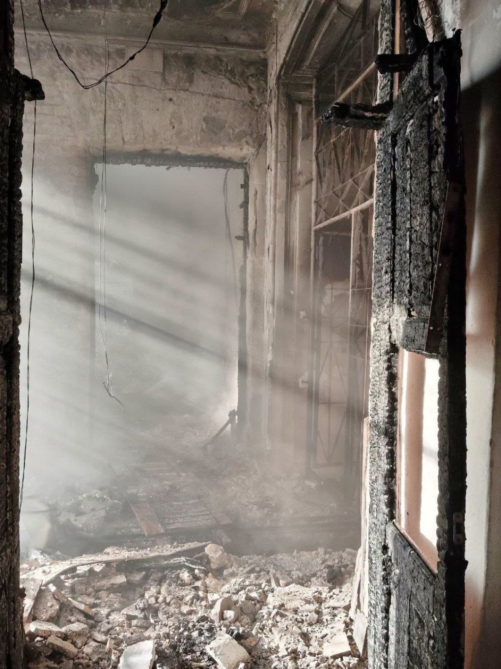 Fire-damaged materials and debris inside the Kherson Regional Art Museum following a Russian FPV drone attack. (Source: Kherson Regional Art Museum)