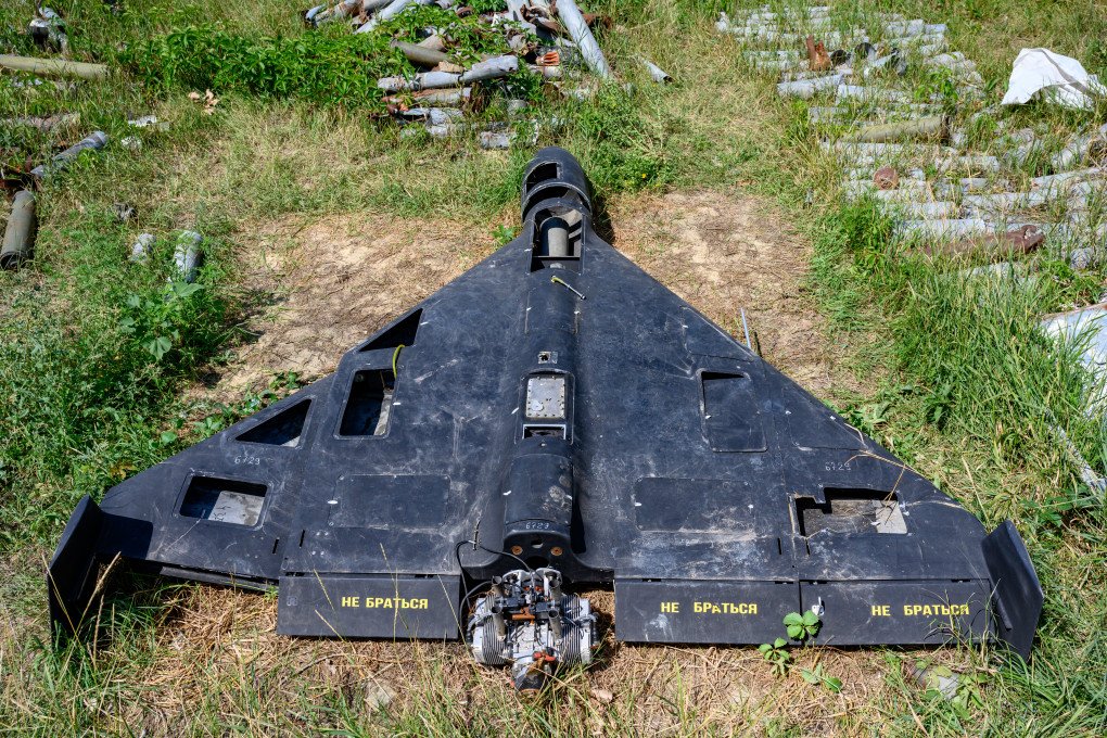 The remains of a Russian-made, Iran-designed Shahed-136 drone, known as a Geran-2 in Russia, sits among a collection of Russian drones, glide bombs, missiles and rockets launched at Ukraine maintained as evidence for eventual war crimes prosecutions against Russia, on July 30, 2025 in Kharkiv, Ukraine. (Photo by Scott Peterson/Getty Images)