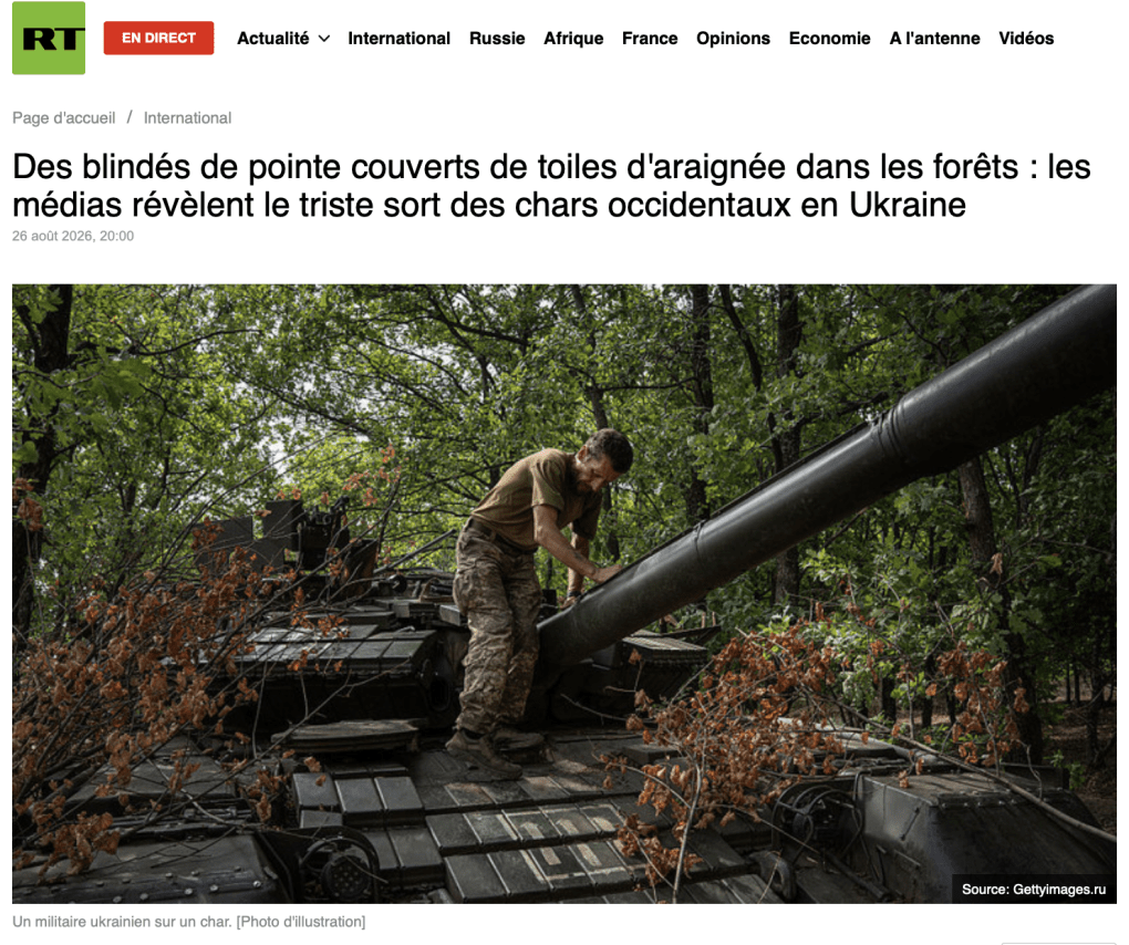 Russia’s outlet RT using the New York Times story with a new headline (translated into English): “Cutting-edge armored vehicles covered in cobwebs in the forests: Media reveal the sad fate of Western tanks in Ukraine.” 