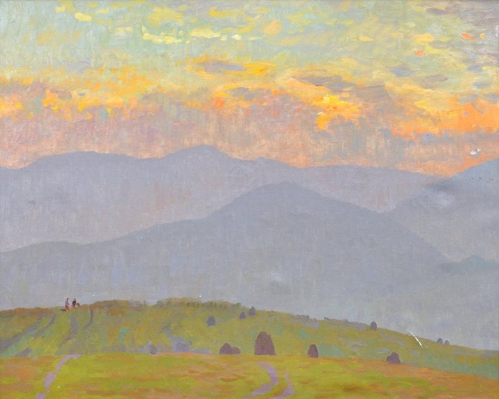 Painting by Leonid Chichkan “Evening in the Carpathians” that was stolen by Russia from the Kherson Art Museum in 2022, Kherson, Ukraine. 