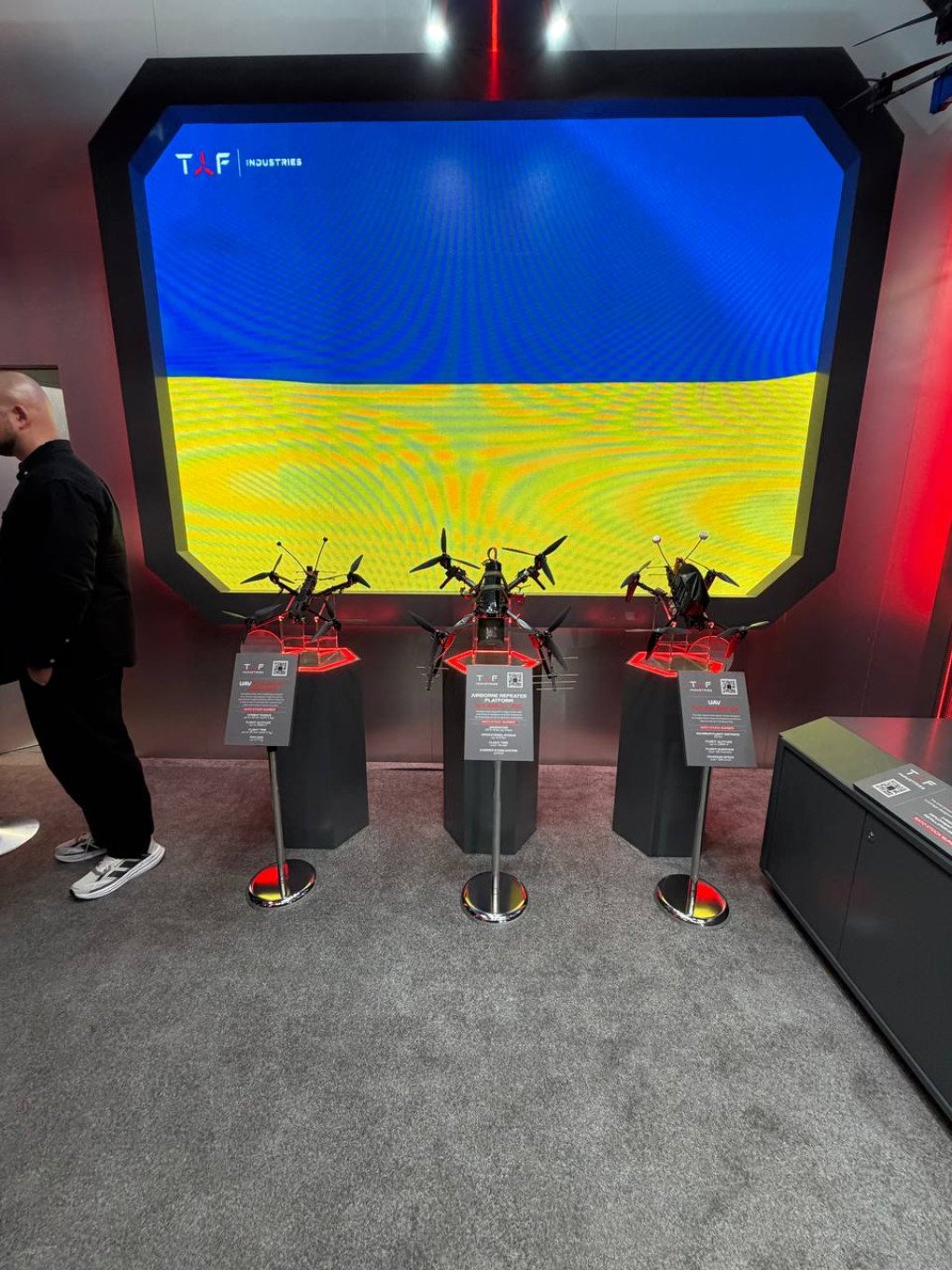 A Kolibri UAV and other products developed by TAF Industries are displayed at MSPO in Kielce, Poland,  September 8-11, 2026. (Photo: Amira Barkhush/UNITED24 Media)