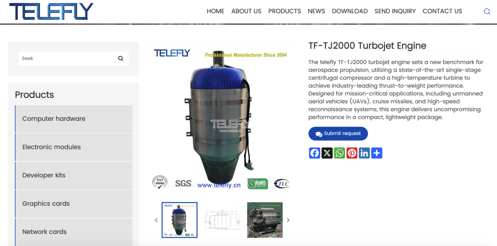 Telefly's website advertises its TF-TJ2000 turbojet engine for use in UAVs, cruise missiles, and high-speed reconnaissance systems. (Source: Telefly) Telefly's website advertises its TF-TJ2000 turbojet engine for use in UAVs, cruise missiles, and high-speed reconnaissance systems. (Source: Telefly)