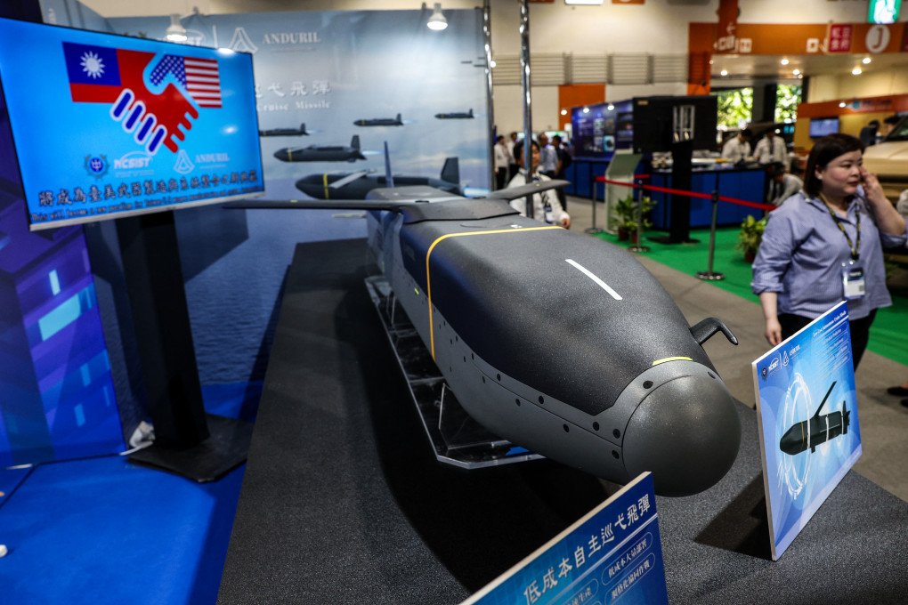 The Barracuda-500, a low-cost autonomous cruise missile jointly developed by NCSIST and US company Anduril, is displayed during the Taipei Aerospace &amp; Defense Technology Exhibition in Taipei on September 17, 2025. (Source: Getty Images)