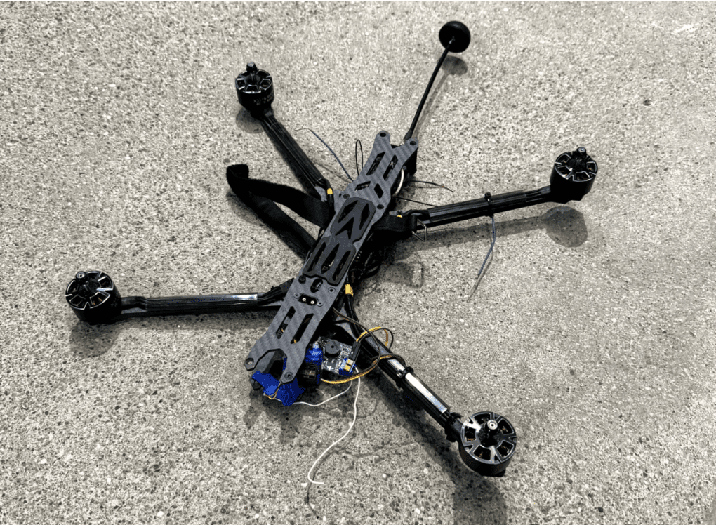 A disassembled FPV drone displayed as part of the Ukraine Museum exhibition in Berlin, highlighting the technology used on the battlefield. (Source: Berlin Story)