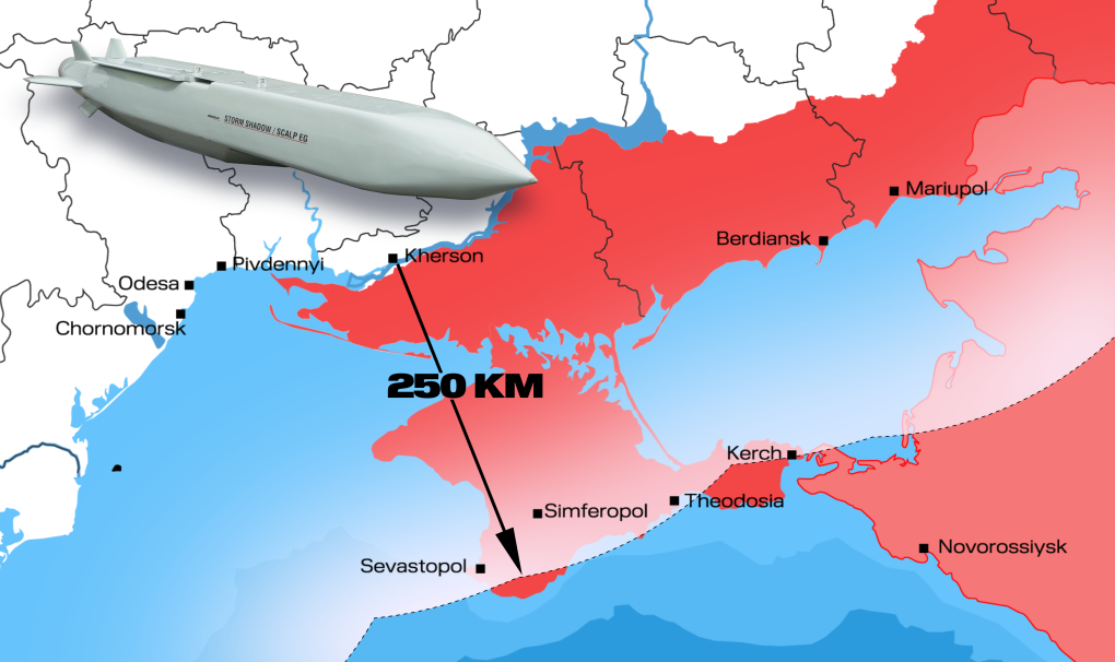Storm Shadow/SCALP reach in the Black Sea region. Illustration: UNITED24 Media Storm Shadow/SCALP reach in the Black Sea region. Illustration: UNITED24 Media