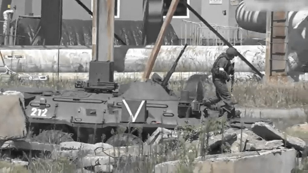 Russian military equipment positioned on the grounds of the Zaporizhzhia Nuclear Power Plant. (Source: UNITED24 Media/YouTube)