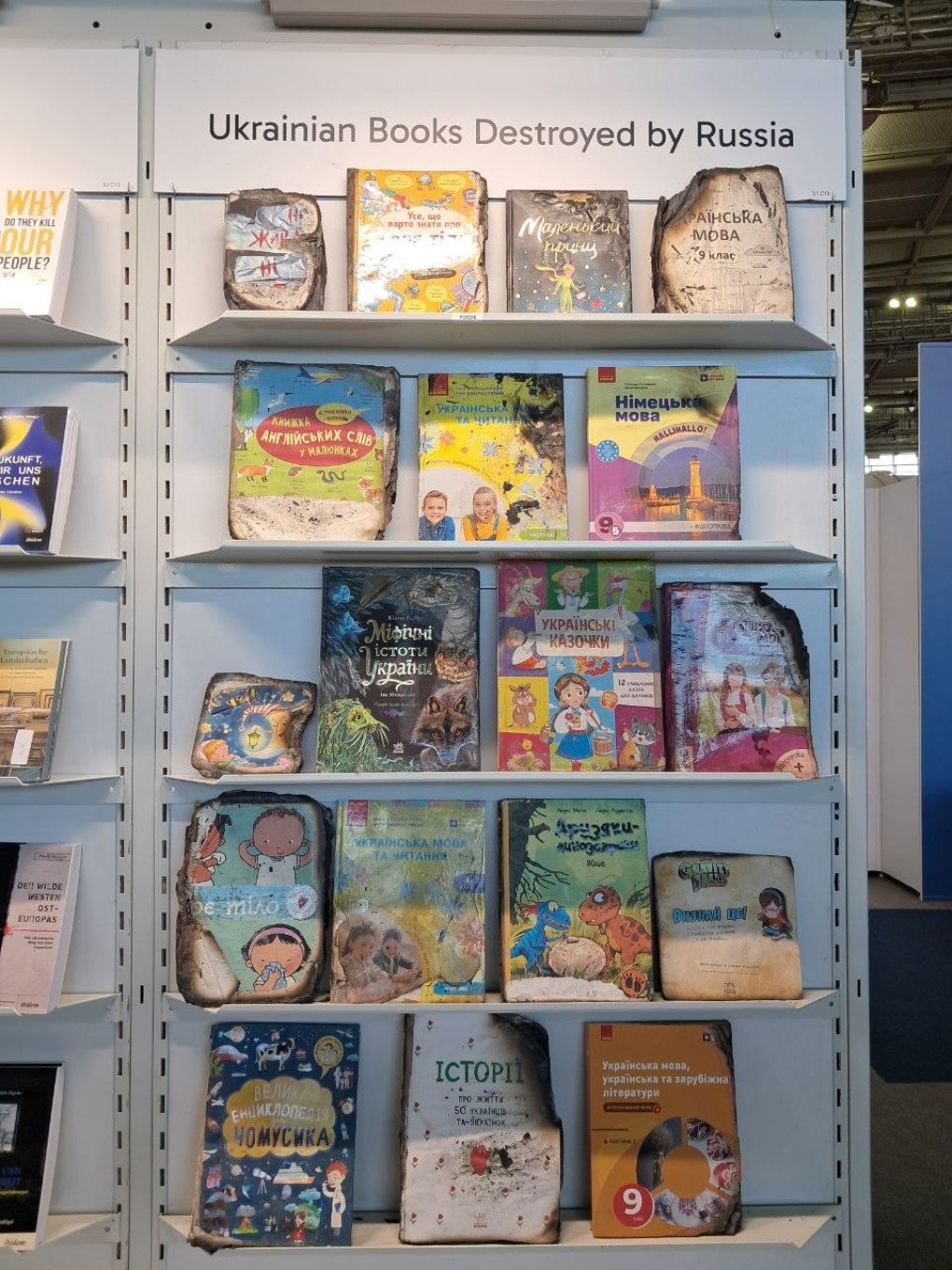 Ukrainian books damaged in Russian attacks are displayed at Ukraine’s National Stand at the 2026 Frankfurt Book Fair. (Source: RNK-Ranok Publishing Corporation Press Center) Ukrainian books damaged in Russian attacks are displayed at Ukraine’s National Stand at the 2026 Frankfurt Book Fair. (Source: RNK-Ranok Publishing Corporation Press Center)