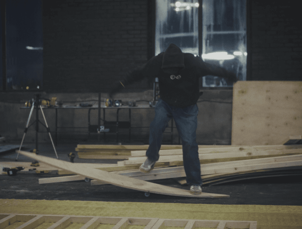 A skateboarder tests a ramp during the construction of Krytka indoor skatepark in Okhtyrka, Ukraine. (Source: NGO Street Cultures Development Center)