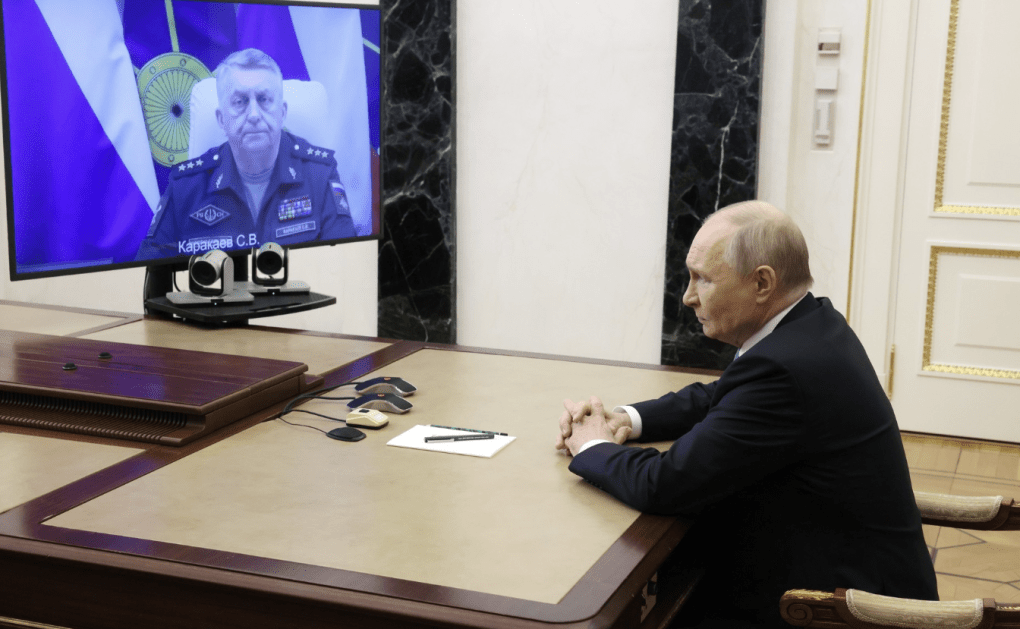 Vladimir Putin hears Strategic Missile Forces commander Sergei Karakayev report a successful Sarmat test, 12 May 2026. (Credit: Official Kremlin photo)