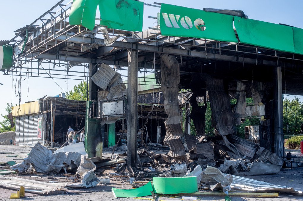 Damaged gas station after Russian air attack in Kamianske, Dnipropetrovsk region, on July 7, 2026. (Photo by Mykola Synelnikov via Getty Images)