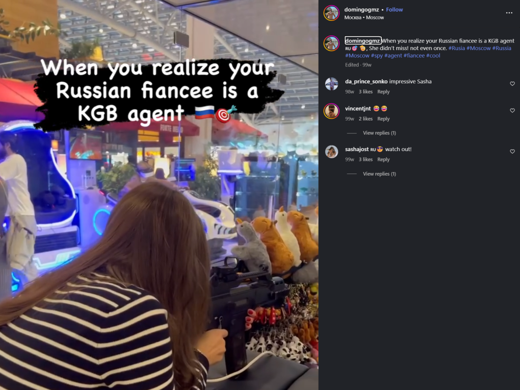 Publicación en redes sociales de Domingo García en la que llama a Sasha Jost «Sasha Meets Russia» agente del KGB. (Fuente: Domingo García a través de Instagram)