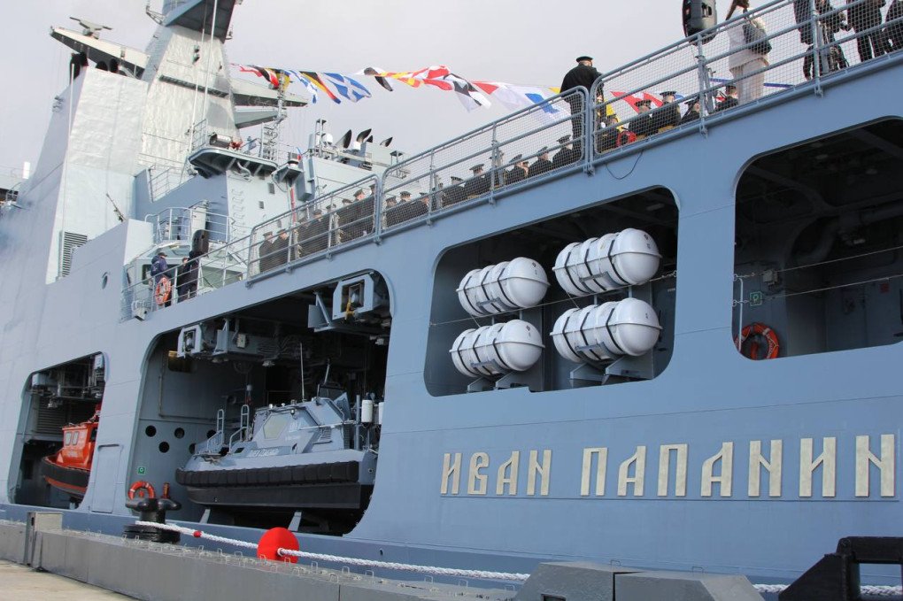 A new Russian warship, Ivan Papanin, a Project 23550 patrol icebreaker, during a fleet commissioning ceremony, September 5, 2025. (Source: United Shipbuilding Corporation)