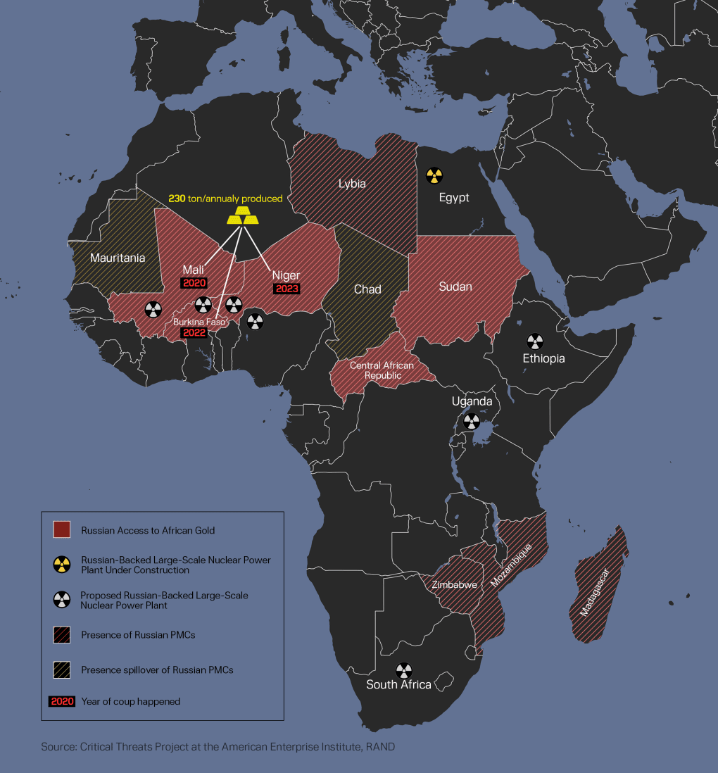 A map showing Russia’s influence across Africa, from military presence to access to gold mines across the continent. A map showing Russia’s influence across Africa, from military presence to access to gold mines across the continent.