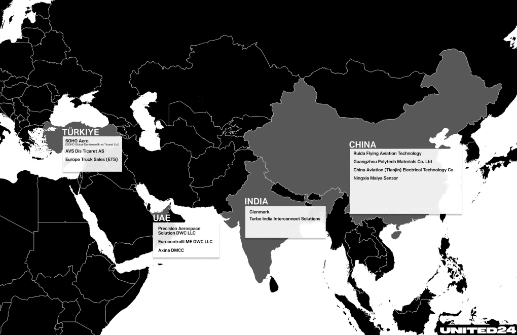A selection of some of the companies involved in the supply chain that gets aviation parts into Russia and their locations. Illustration: UNITED24 Media Map of third-party companies re-exporting aviation parts