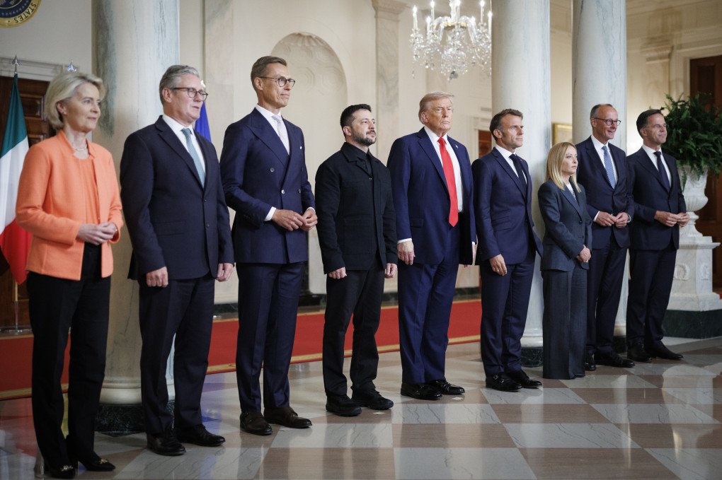 President Donald Trump and Ukraine’s President Volodymyr Zelenskyy and European leaders stand for a  inside the Cross Hall on August 18, 2025 at The White House in Washington. (Source: Tom Brenner via Getty Images)
