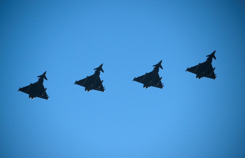 German Luftwaffe (German Air Force) Eurofighter EF-2000 Typhoon jet fighters fly during the NATO’s Ramstein Flag 2025 exercise at Leeuwarden Air Base on April 8, 2025. (Source: Getty Images)