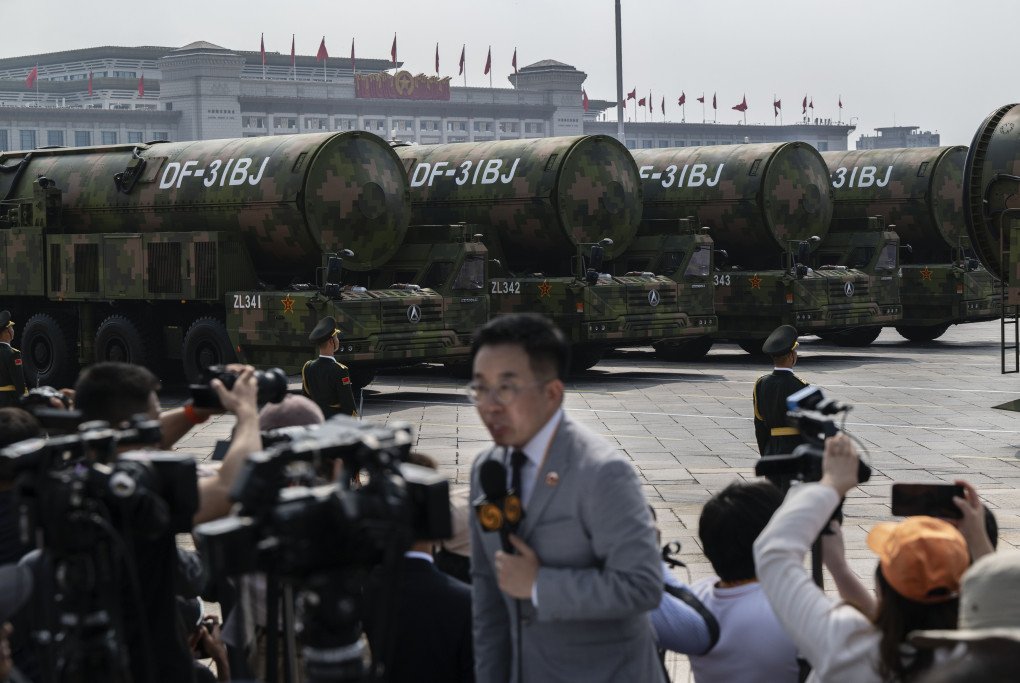 BEIJING, CHINA - SEPTEMBER 3: Nuclear capable DF-31BJ ballistic missiles are seen as they are unveiled on transporters during a military parade marking the 80th anniversary of victory over Japan and the end of World War II, in Tiananmen Square on September 3, 2025, in Beijing, China. (Photo by Kevin Frayer/Getty Images) BEIJING, CHINA - SEPTEMBER 3: Nuclear capable DF-31BJ ballistic missiles are seen as they are unveiled on transporters during a military parade marking the 80th anniversary of victory over Japan and the end of World War II, in Tiananmen Square on September 3, 2025, in Beijing, China. (Photo by Kevin Frayer/Getty Images)