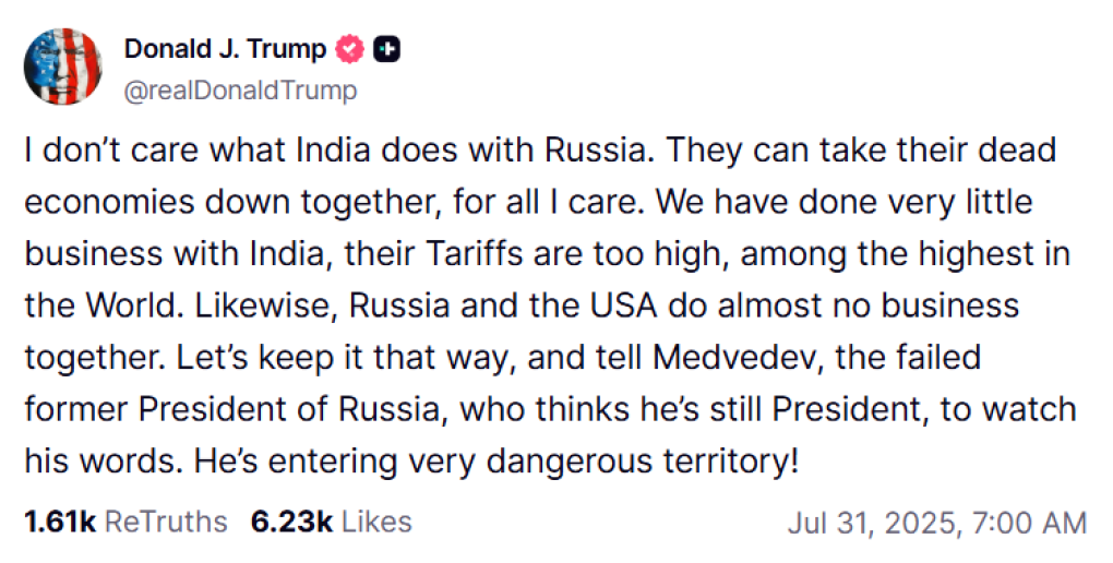 Trump’s response to Medvedev’s words. (Source: Truth Social) Trump’s response to Medvedev’s words. (Source: Truth Social)