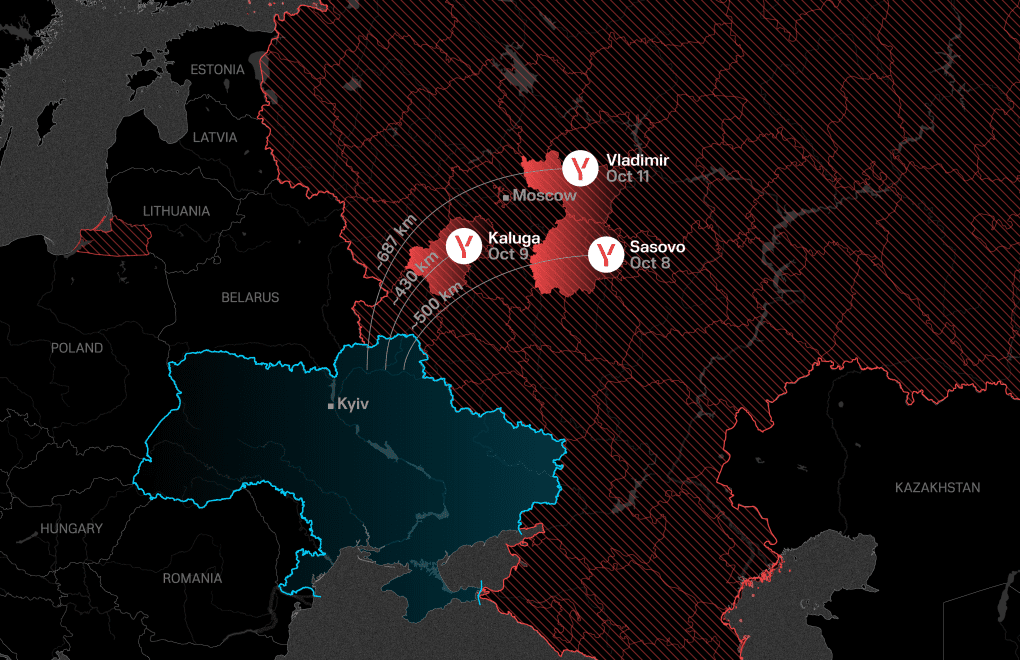 Map of Ukrainian deep strikes on Yandex data centers. (Illustration: UNITED24 Media) Map of Ukrainian deep strikes on Yandex data centers. (Illustration: UNITED24 Media)