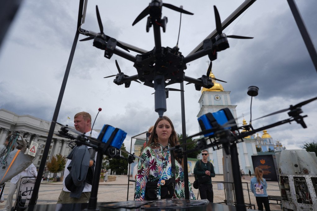 Local residents look at captured military drones on Ukraine's Independence Day in Kyiv on August 24, 2025. Photo by OLEKSII FILIPPOV/AFP via Getty Images.