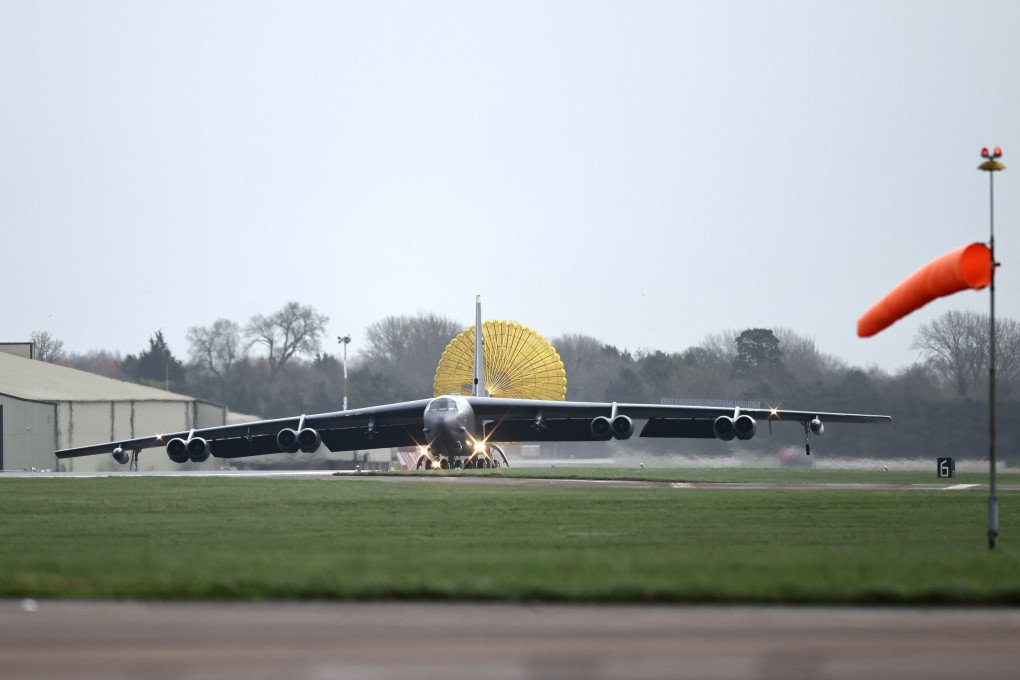 A US Air Force B-52 Stratofortress bomber lands at RAF Fairford in south-west England on March 13, 2026. (Source: Getty Images)