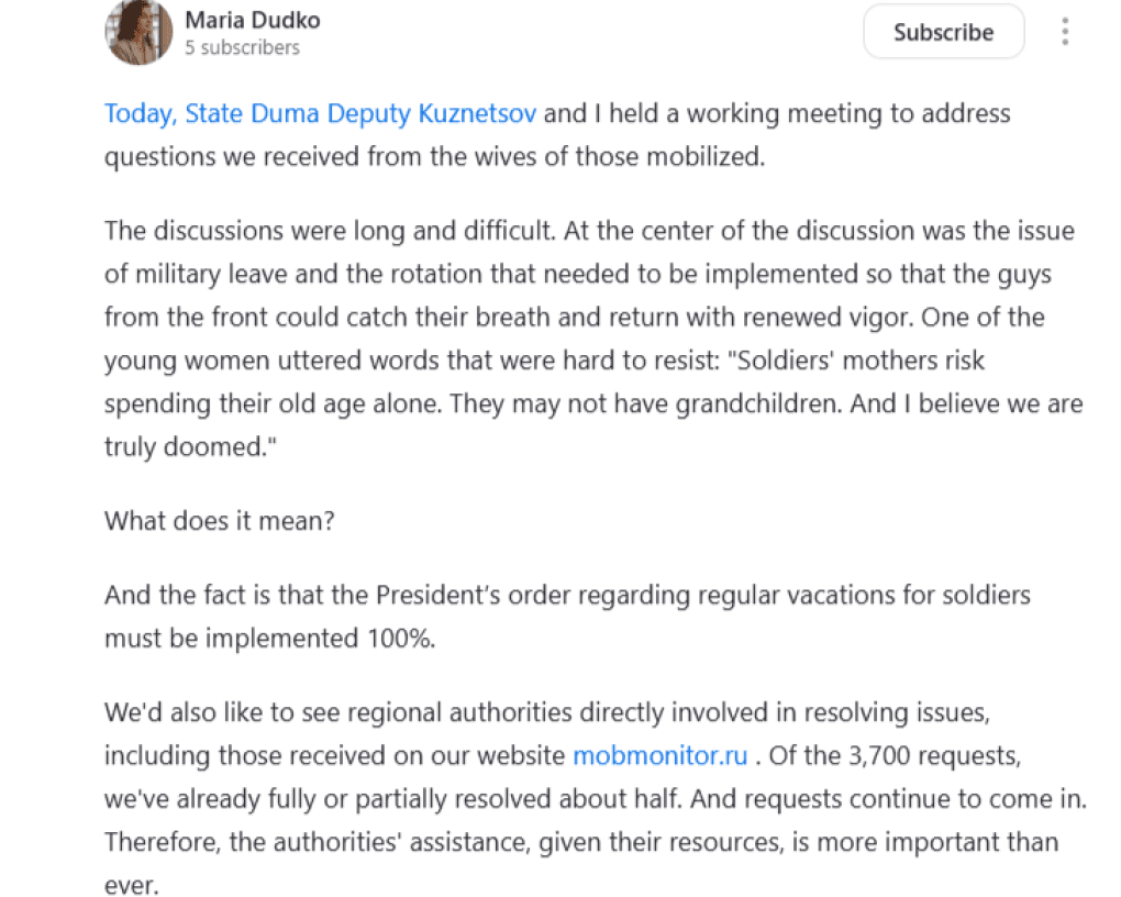 Publicación en redes sociales de María Dudko en la que confirma su colaboración con el diputado de la Duma Estatal Dmitri Kuznetsov (Fuente: María Dudko)