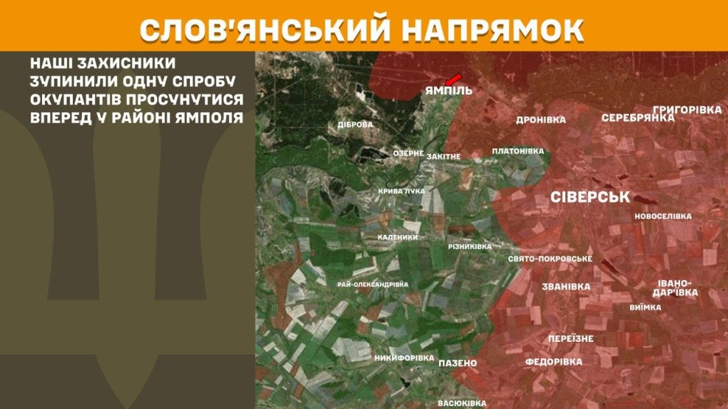 Mapa del frente de Sloviansk con ataque ruso marcado cerca de Yampil.