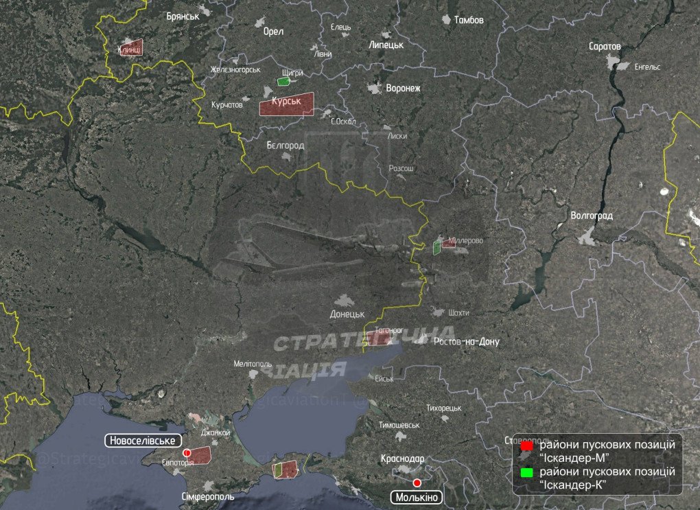 Overview map showing confirmed launch sites for Iskander-M (red) and Iskander-K (green) missile systems in Russia’s Bryansk, Kursk, Rostov regions, occupied Crimea, and the Krasnodar Krai. (Photo: Strategic Aviation of Russia) Overview map showing confirmed launch sites for Iskander-M (red) and Iskander-K (green) missile systems in Russia’s Bryansk, Kursk, Rostov regions, occupied Crimea, and the Krasnodar Krai. (Photo: Strategic Aviation of Russia)