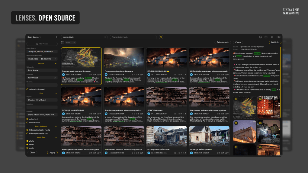 A screenshot of the artificial intelligence-assisted SEO and research software "LENSE/LINZA" developed by Ukraine War Archive (Source: Ukraine War Archive) A screenshot of the artificial intelligence-assisted SEO and research software "LENSE/LINZA" developed by Ukraine War Archive (Source: Ukraine War Archive)