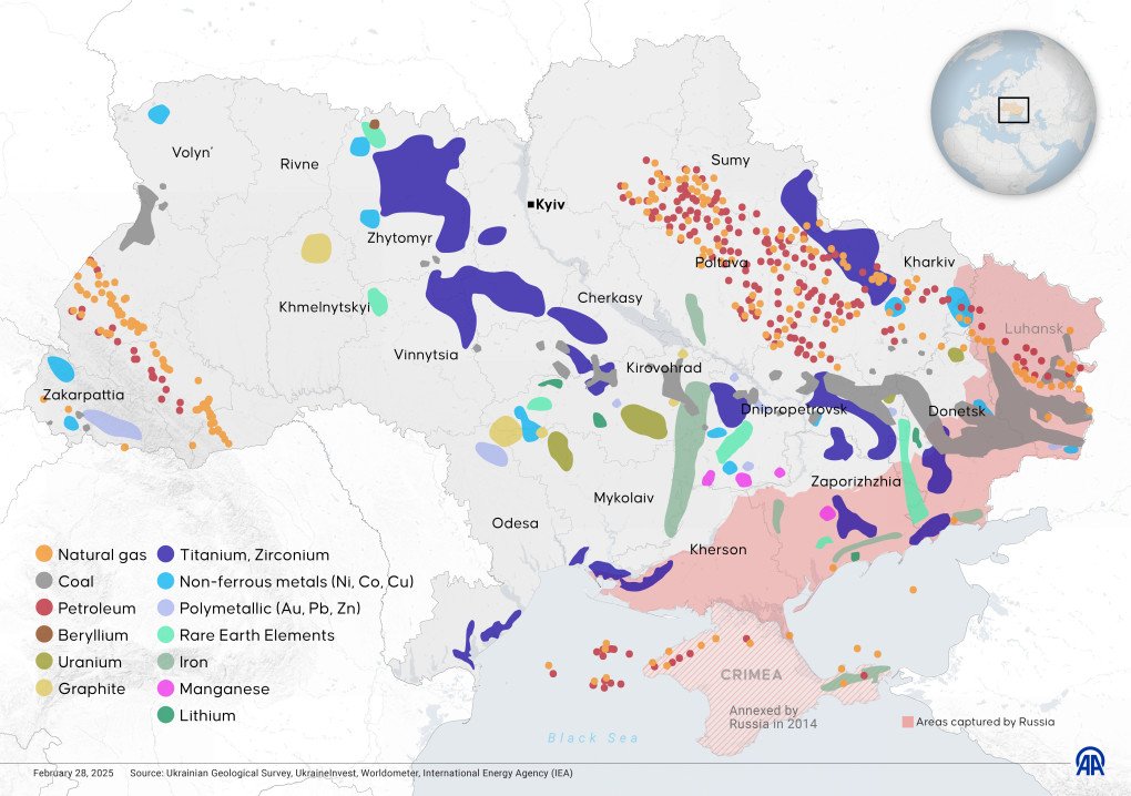 An infographic showing a “Map of Ukraine’s critical minerals and rare earth deposits” created in Ankara, Turkiye, with the dark blue markings meaning titanium deposits, on February 28, 2025. (Source: Getty Images) An infographic showing a “Map of Ukraine’s critical minerals and rare earth deposits” created in Ankara, Turkiye, with the dark blue markings meaning titanium deposits, on February 28, 2025. (Source: Getty Images)