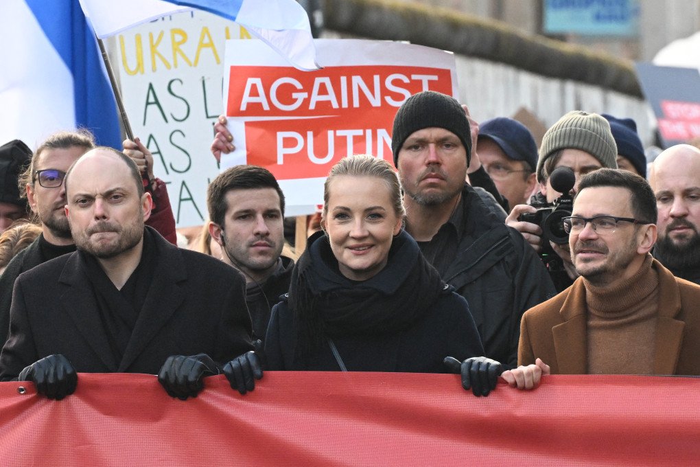 Russian opposition politician Vladimir Kara-Murza, Yulia Navalnaya, widow of late Russian opposition leader Alexei Navalny and Russian opposition politician Ilya Yashin attend a demonstration of supporters of Russia’s exiled opposition in Berlin, on November 17, 2024. Photo by RALF HIRSCHBERGER/AFP via Getty Images.