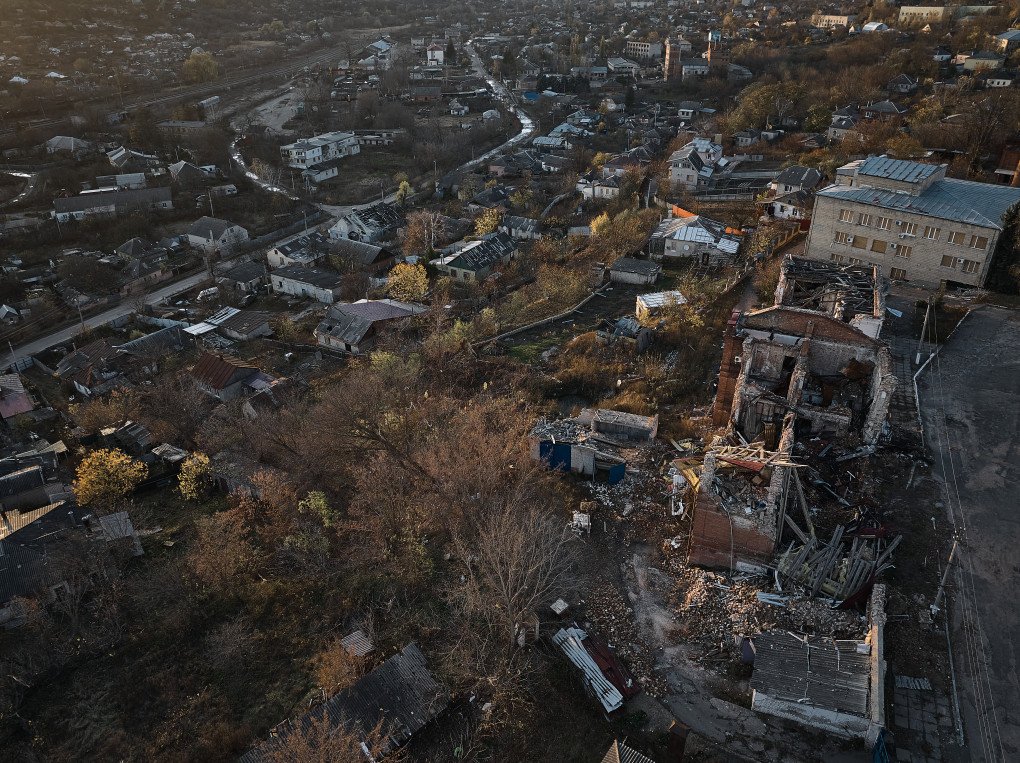 A bird’s-eye view of the city of Kupiansk from a drone, which has suffered from shelling from Russian positions on November 2, 2023, in Kupiansk, Ukraine. (Source: Getty Images)