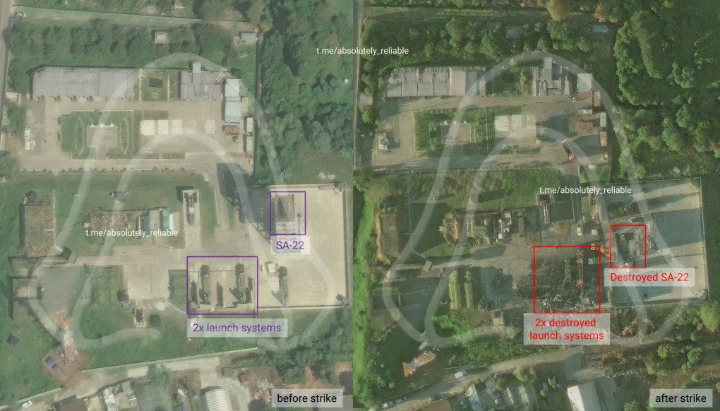 Satellite imagery shows a Russian air defense position near Sochi before and after the September 4 Ukrainian drone strike, with two launchers and a Pantsir air defense system reportedly destroyed. (Source: Absolutely Reliable Source) Satellite imagery shows a Russian air defense position near Sochi before and after the September 4 Ukrainian drone strike, with two launchers and a Pantsir air defense system reportedly destroyed. (Source: Absolutely Reliable Source)