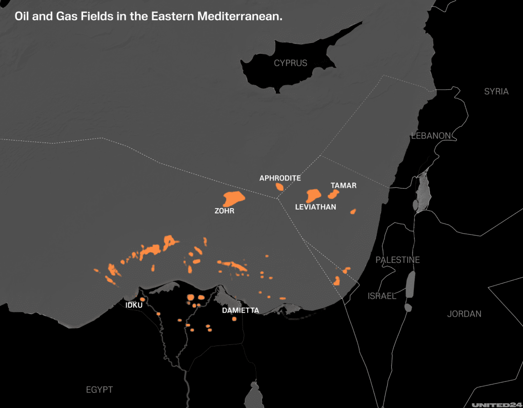 Oil and gas fields of the Eastern Mediterranean. (Illustration: UNITED24 Media) Oil and gas fields of the Eastern Mediterranean. (Illustration: UNITED24 Media)