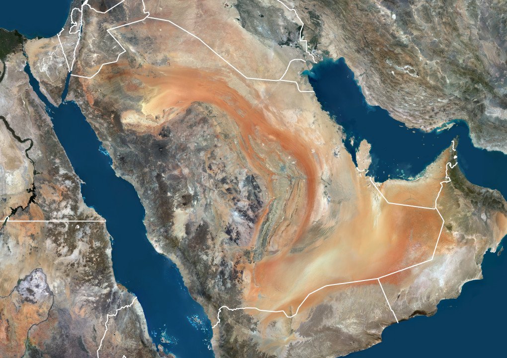 Color satellite image of Saudi Arabia and neighbouring countries, with borders. (Source: Getty Images)