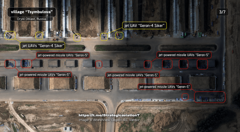 Satellite image showing Geran-4 and Geran-5 jet-powered attack drones at Russia’s Tsymbulova drone base. (Source: Strategic Aviation) Satellite image showing Geran-4 and Geran-5 jet-powered attack drones at Russia’s Tsymbulova drone base. (Source: Strategic Aviation)