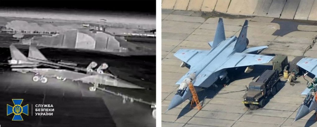 Comparison of the thermal drone footage and a reference image of the MiG-31 aircraft targeted by SBU special forces during the operation in occupied Crimea. (Source: SBU) Comparison of the thermal drone footage and a reference image of the MiG-31 aircraft targeted by SBU special forces during the operation in occupied Crimea. (Source: SBU)