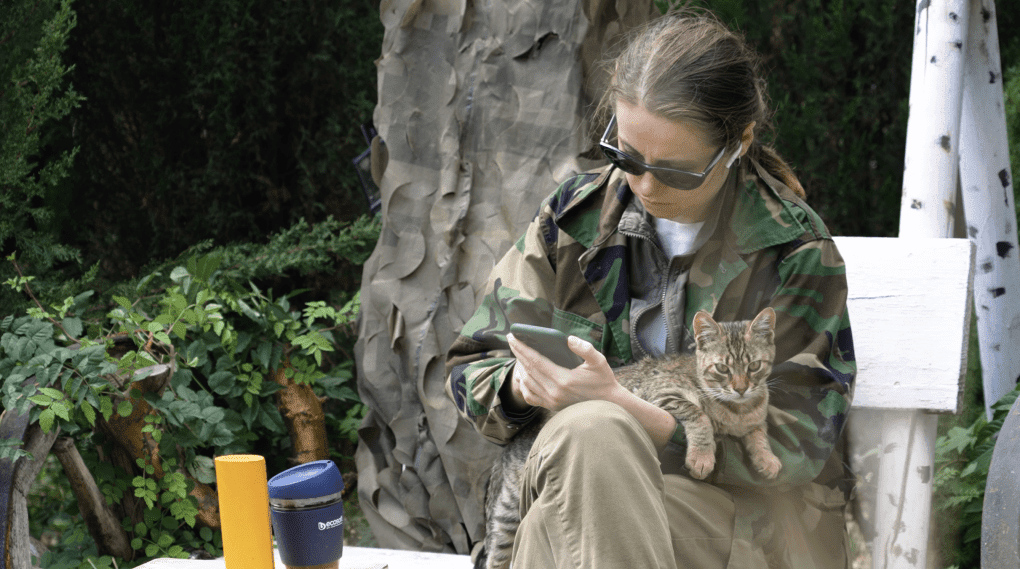 Pixel, a stray kitten who "traveled everywhere with us, and he actually taught me a lot about how to react and behave under pressure," says Nata. August 2022, Kherson region. (Photo: Xackery Irving) 