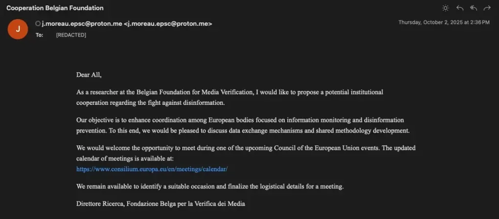 A phishing email masquerading as a cooperation proposal from the fictitious “Cooperation Belgian Foundation,” used by Russian threat actors in October 2025 to target European organizations. (Source: Proofpoint)