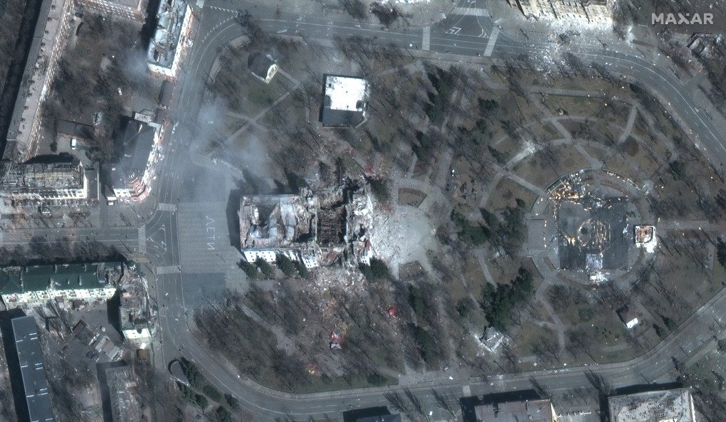Satellite image shows the destroyed Mariupol Drama Theatre, March 29, 2022. (Source: Getty Images) Satellite image shows the destroyed Mariupol Drama Theatre, March 29, 2022. (Source: Getty Images)
