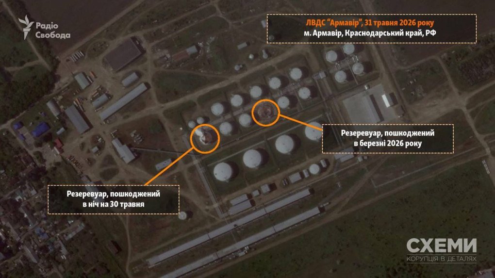 Satellite image shows damaged oil storage tanks at the Armavir oil depot in Russia’s Krasnodar region following Ukrainian drone strikes. (Source: Schemes/RFE/RL) Satellite image shows damaged oil storage tanks at the Armavir oil depot in Russia’s Krasnodar region following Ukrainian drone strikes. (Source: Schemes/RFE/RL)