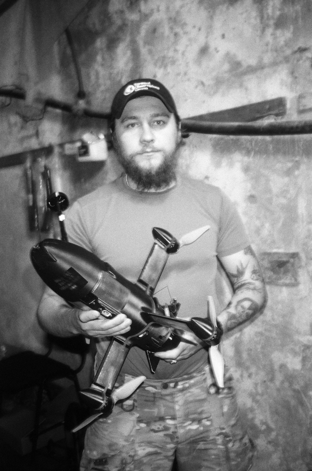 ”Ganja", a member of Rubizh Brigades interceptor team holds a P1 SUN interceptor drone. (Photo: Conall Kearney) ”Ganja", a member of Rubizh Brigades interceptor team holds a P1 SUN interceptor drone. (Photo: Conall Kearney)