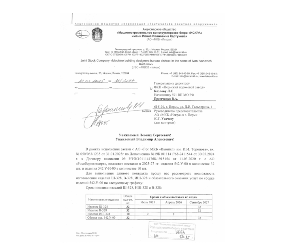 Russian official letter detailing the supply of components for multiple missile systems, including air-to-air. Russian official letter detailing the supply of components for multiple missile systems, including air-to-air.
