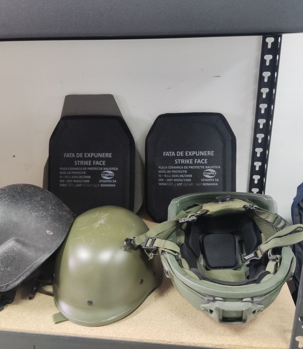 Helmets for UNITED24 Media correspondents in the the office. March 2026, Kyiv, Ukraine. (Photo: UNITED24 Media) Heavy armour office equipment